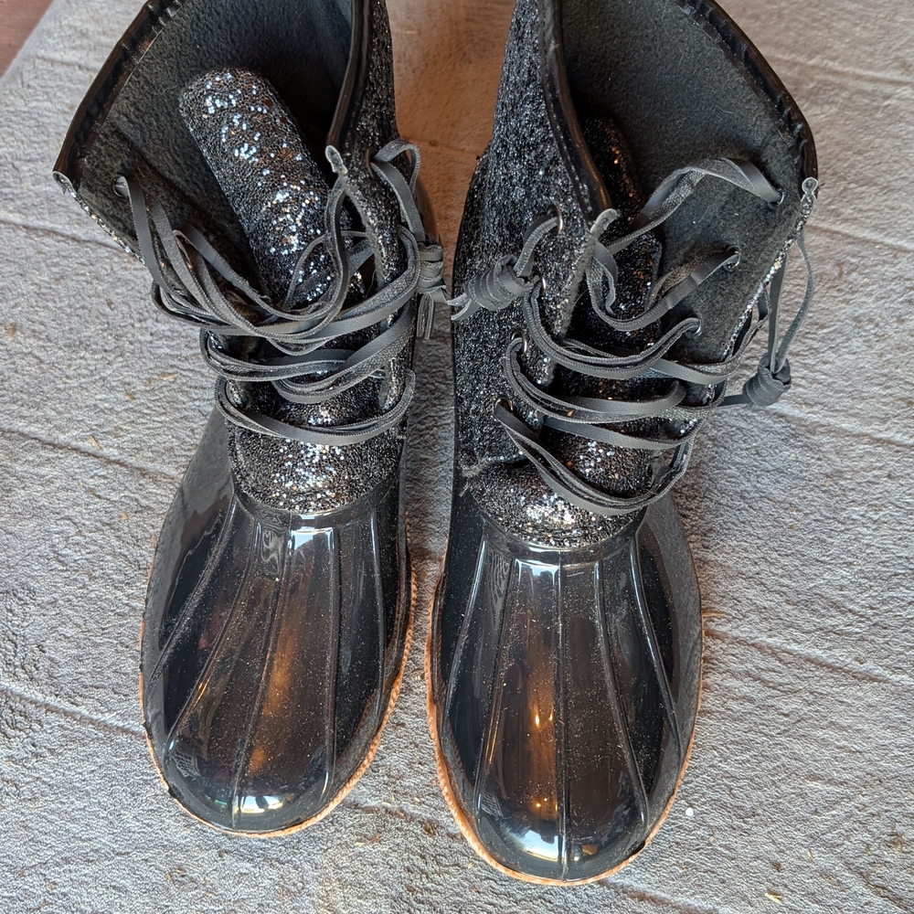 Women's Black Glitter Duck Boots